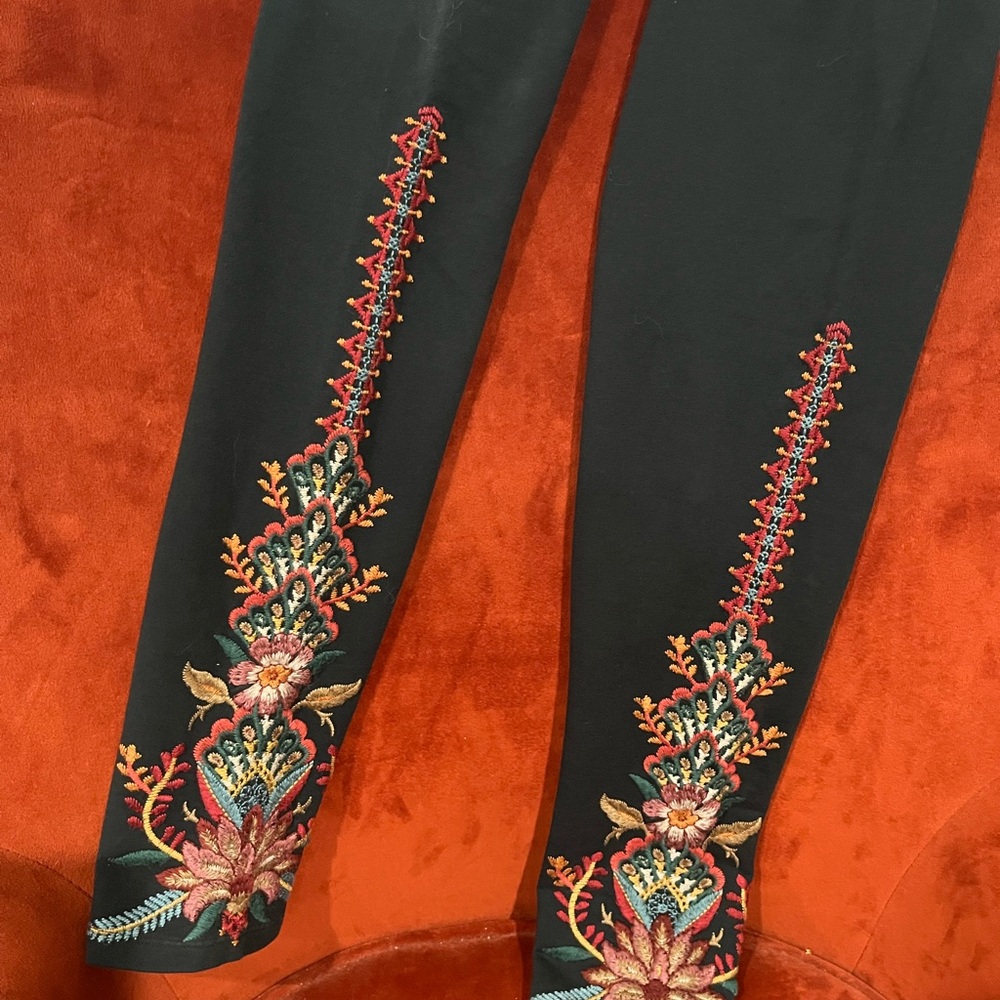 Johnny Was Black Embroidered Leggings with Multicolor Floral Detail
